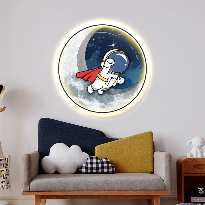 宇航员儿童房装饰画男孩卡通创意led壁灯卧室床头挂画太空人壁画