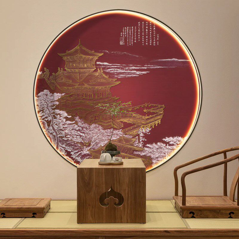 新中式圆形装饰画餐厅走廊过道玄关3d立体浮雕客厅壁画画芯壁纸8d