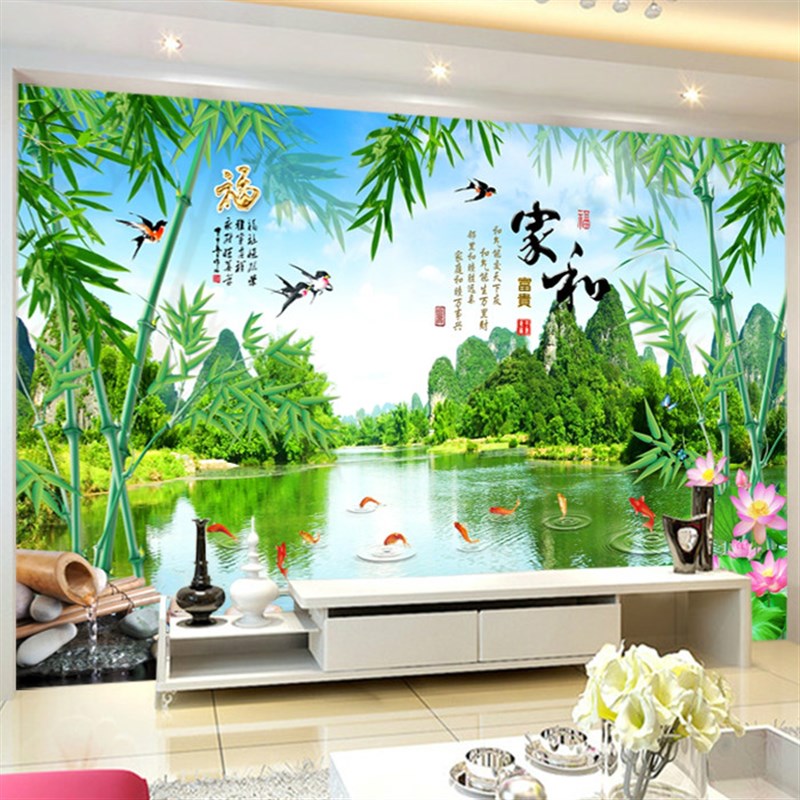 电视背景墙壁纸现代简约8d客厅装饰壁画墙布3d立体墙纸荷花竹子5d