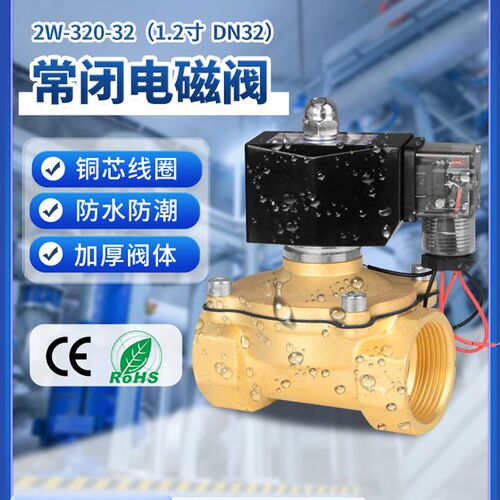 常闭电磁阀2W320-32水阀Dn32阀管流体开关黄铜1.2英寸Ac220V24V