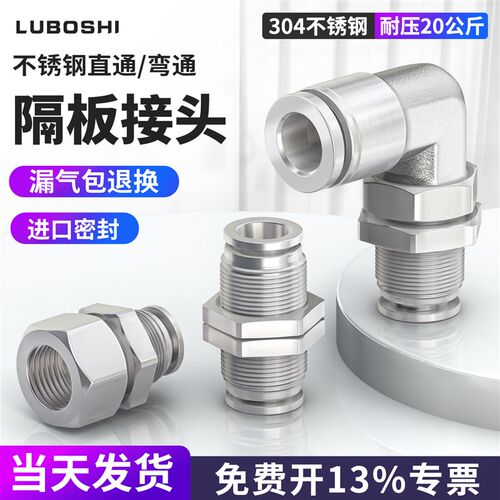 不锈钢PLM穿板弯通PM8mm隔板气动快插气管接头螺纹配件大全4/6/10