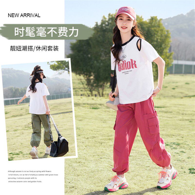女童套装2024新款夏季薄款洋气时髦休闲女孩短袖工装裤两件套潮酷