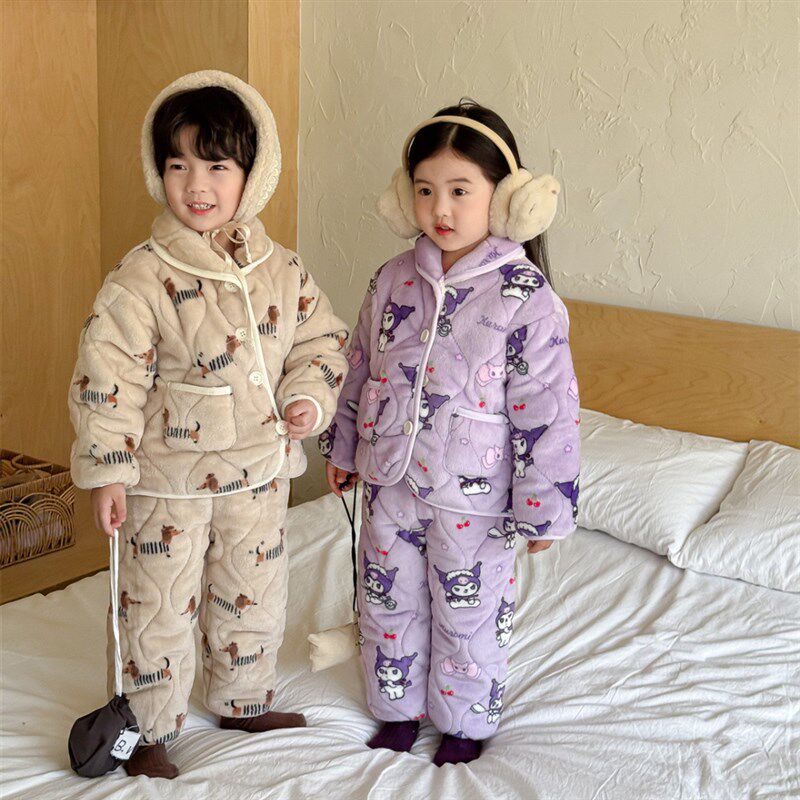 儿童家居服男女童冬季保暖三层夹棉翻领睡衣裤男孩加厚卡通居家服