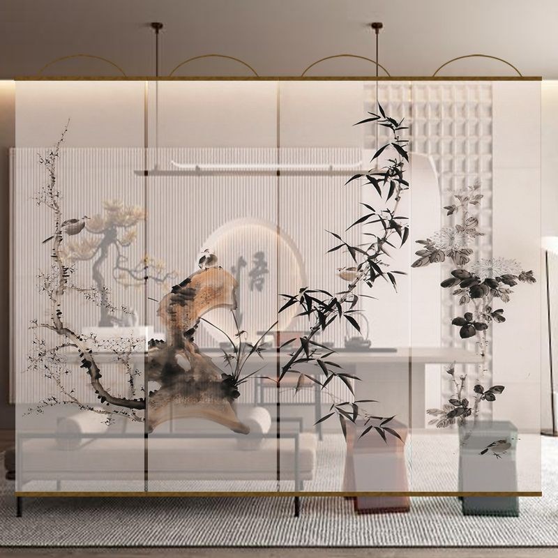半透明花鸟莲花双面透景屏风纱中式卷帘隔断帘挂帘窗帘透光纱帘