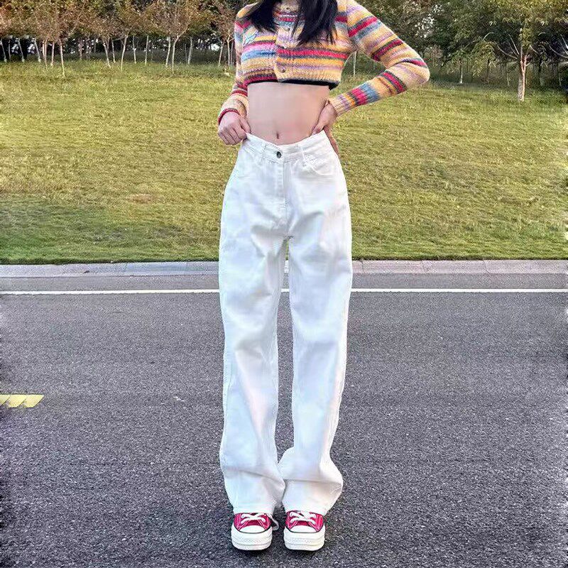 白色高腰阔腿牛仔裤女2025春季新款小个子宽松显瘦垂感窄版直筒裤