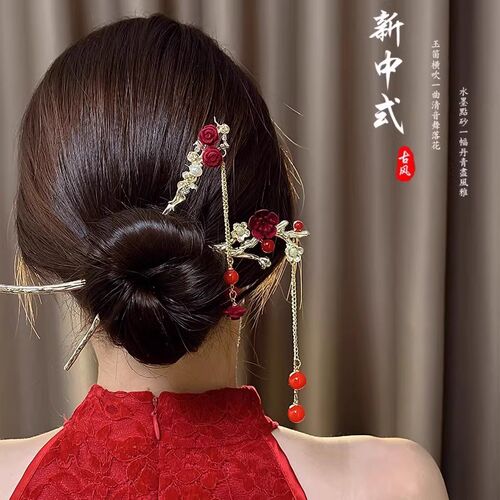 古风步摇!玫瑰花发簪!新中式发簪女后脑勺红色簪子流苏花朵头饰