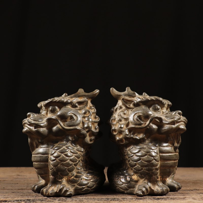 仿古石雕天然青石手工雕刻 麒麟龙兽 整石雕刻中式民俗装饰摆饰