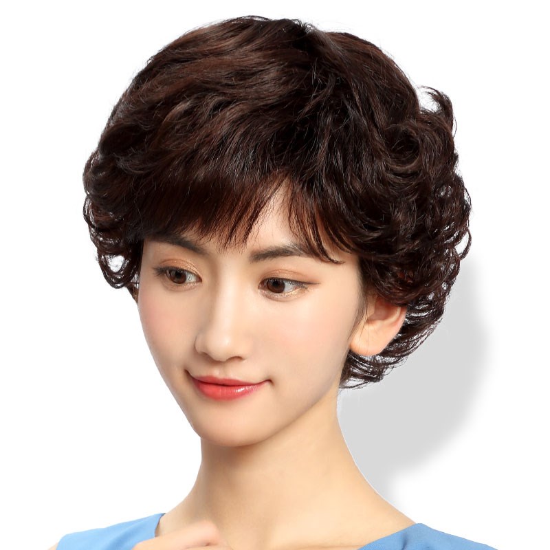 中老年假发女短发真发发套全真自然头套式真人发丝妈妈女士短卷发