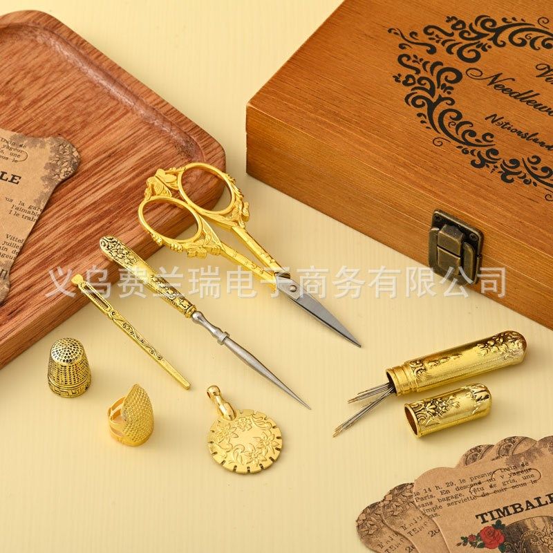 家用实木针线盒木质缝纫工具锥针复古剪刀顶针锥子断线器铜针筒
