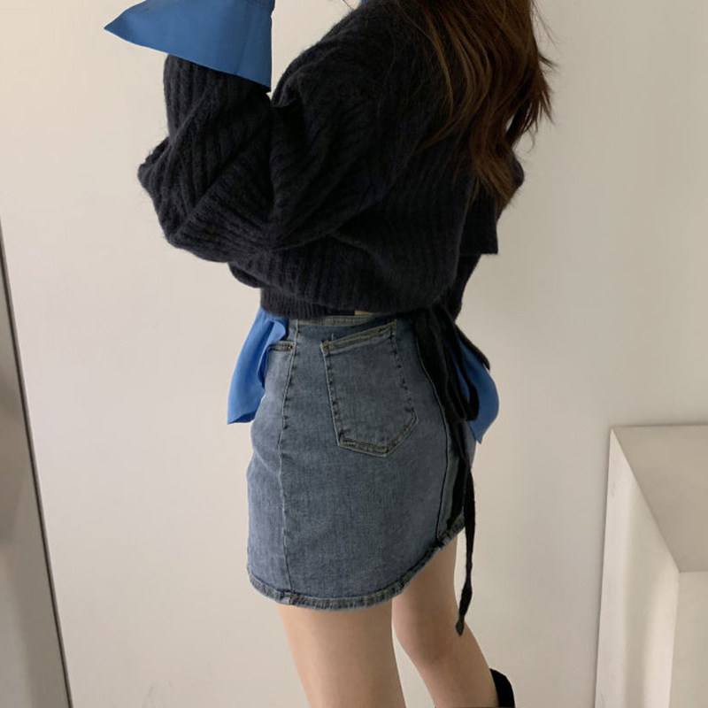 韩国极简主义~少女心思侧开叉缺口高腰A字半身短裙牛仔裙裤夏2021