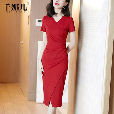红色连衣裙长款过膝2021新款女夏包臀开叉短袖V领气质显瘦长裙子