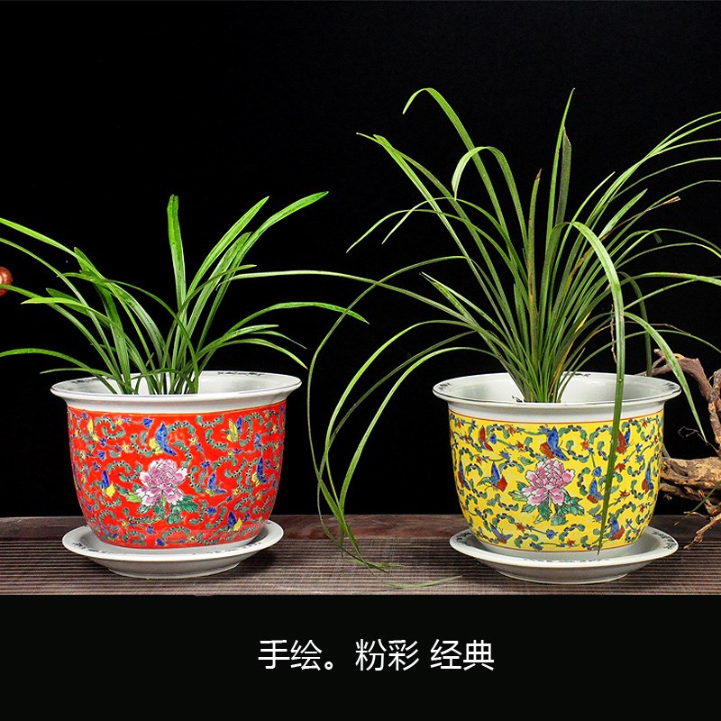 高档手绘粉彩景德镇陶瓷花盆四色阳台装饰树盆特大号室内兰发财树