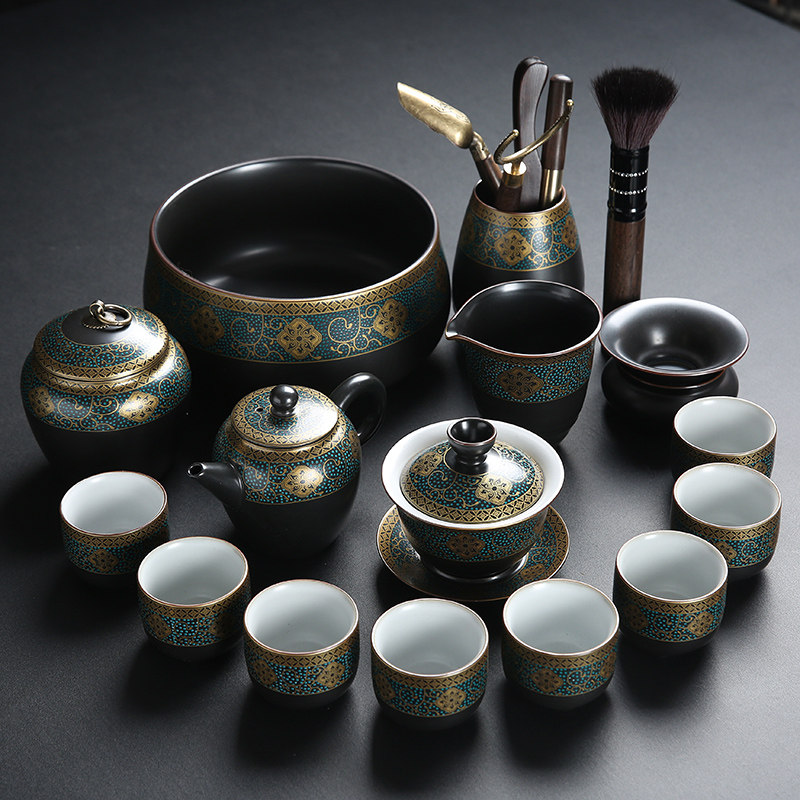 鎏金堆花茶具套装家用简约陶瓷整套功夫茶具泡茶壶茶杯茶洗礼盒装