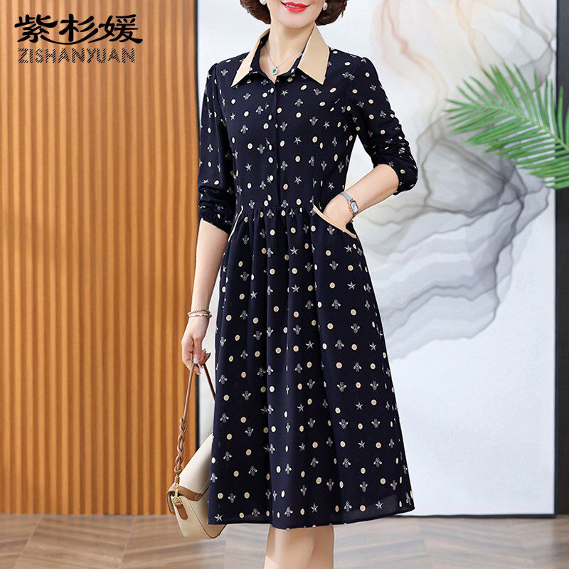 中老年女装时尚洋气春夏显瘦裙子中年妈妈春秋薄长袖衬衫连衣裙女