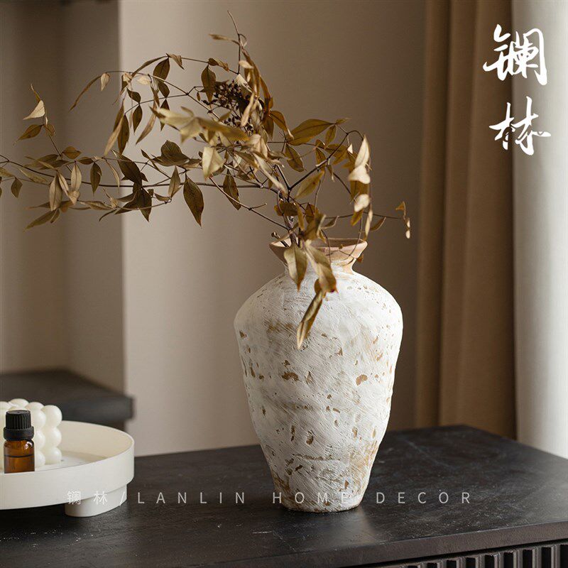 粗陶陶瓷花瓶插鲜花手工怀旧民宿酒店侘寂意境摆件禅意化妆土开岁