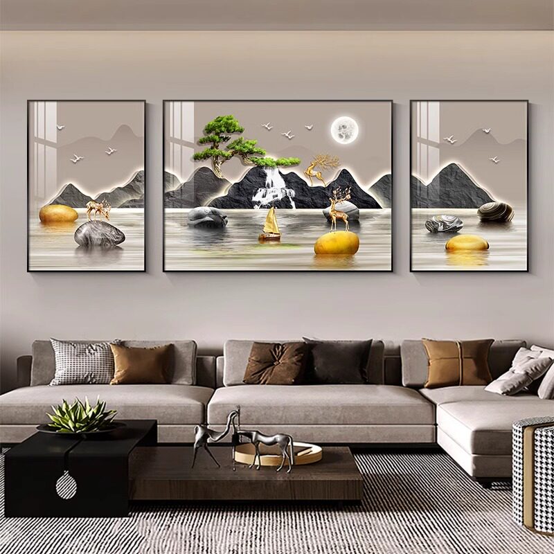 迎客松办公室装饰画新中式禅意茶室背景墙壁画客厅山水挂画高级感
