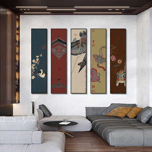 新中式大气客厅装饰画轻奢中国风沙发背景墙面挂画竖版细长条壁画