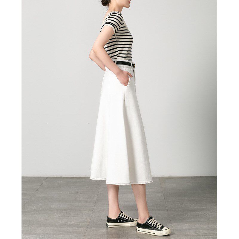 2024夏秋新款高腰白色伞摆含腰带休闲显瘦中长款a字半身牛仔裙女
