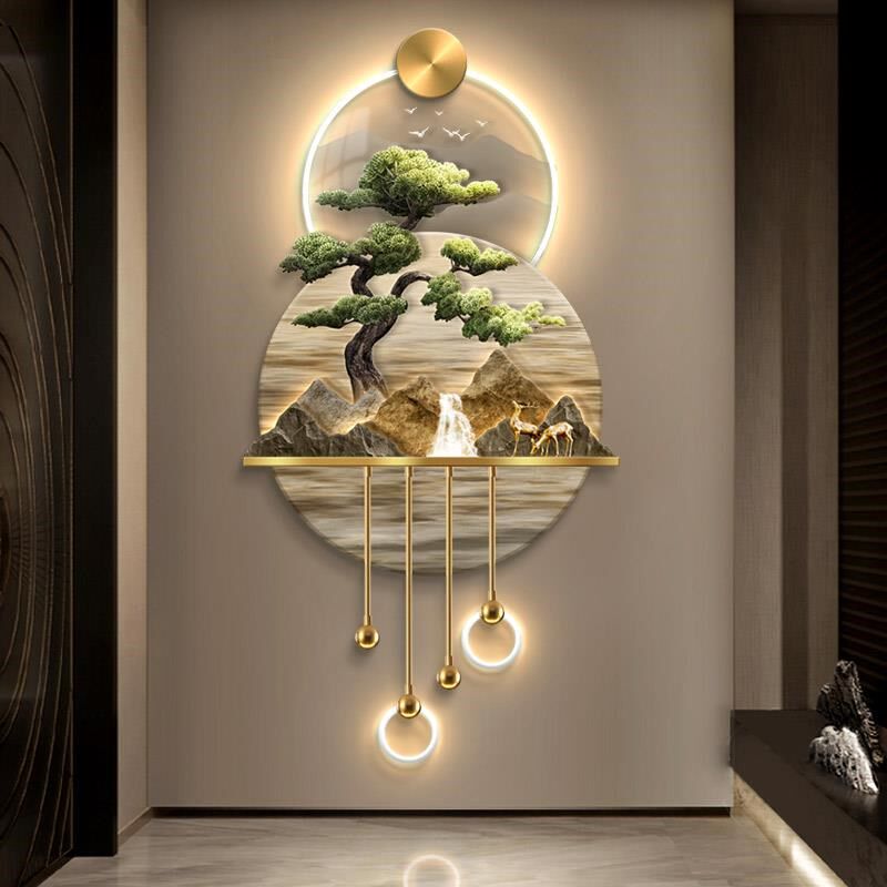 轻奢靠山玄关装饰画走廊挂画迎客松LED灯光壁画立体吊坠艺术壁灯