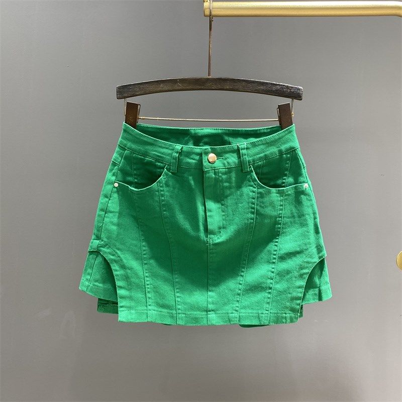 绿色高腰假两件牛仔短裙女装夏季新款时尚设计感a字包臀半身裤裙