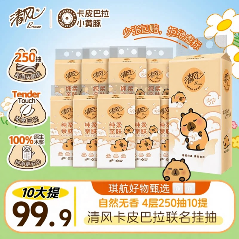 清风挂抽卡皮巴拉纸巾整箱悬挂式抽纸4层加厚250抽家用卫生纸xy2