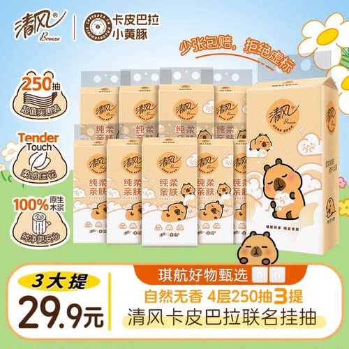 清风挂抽卡皮巴拉纸巾整箱悬挂式抽纸4层加厚250抽家用卫生纸xy