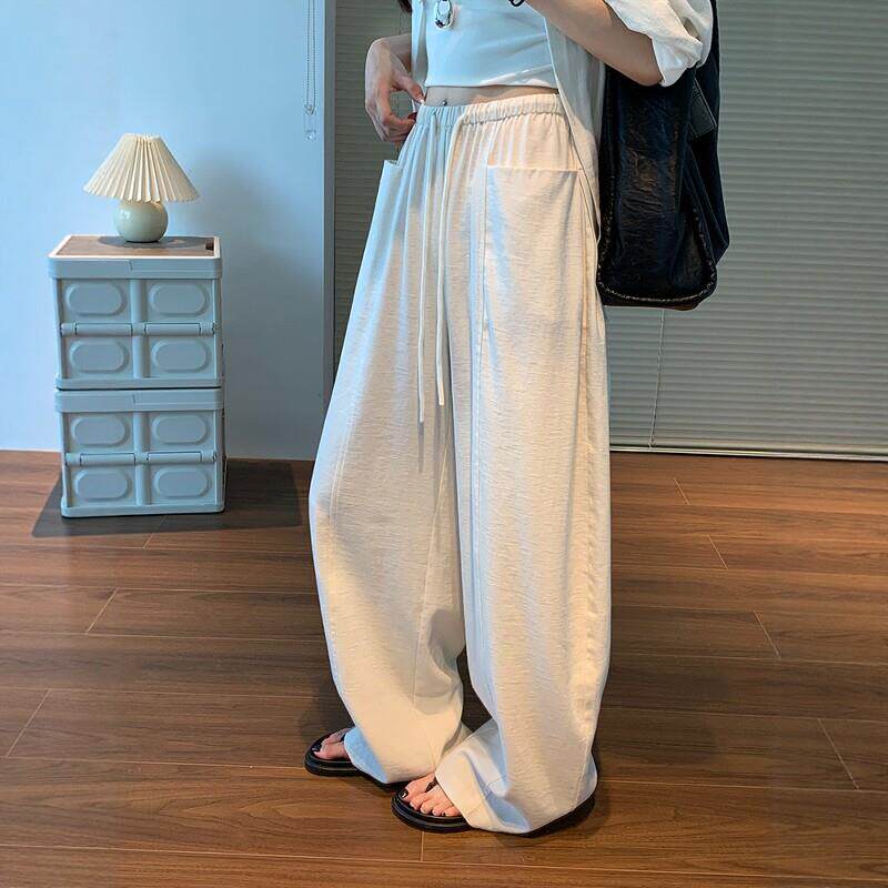 白色弯刀裤女夏凉感天丝亚麻阔腿裤小个子慵懒老钱风棉麻裤子薄款