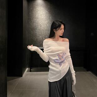 蝴蝶花印花针织上衣T恤女夏 米白色一字肩薄款 夏蓝汐雨SMBL RAIN