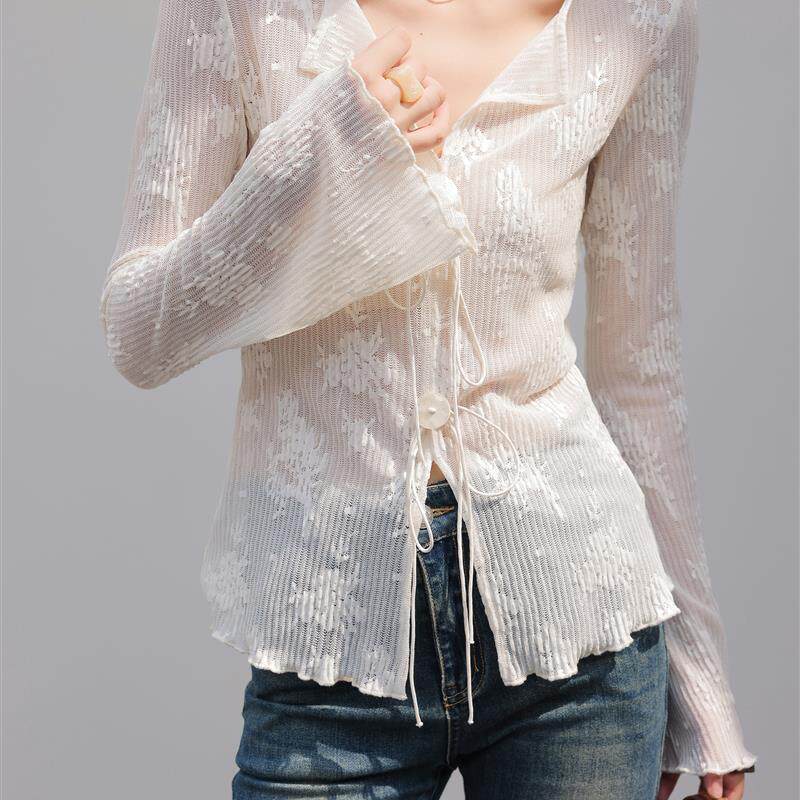 酒窝定制白色设计长袖绣花t恤2025年夏季新款独特的上衣