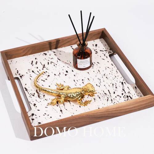 灰色马毛托盘现代轻奢创意香薰托盘样板间客厅收纳盘样品屋展示中