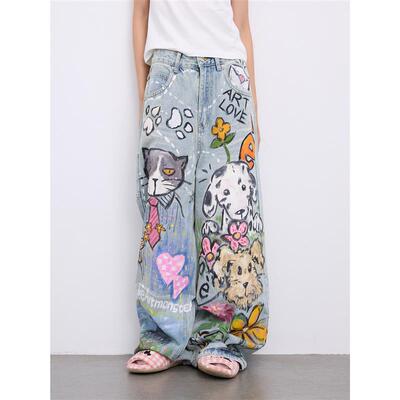 童话梦乡eeee小众设计感手绘涂鸦牛仔裤趣味猫狗直筒休闲裤