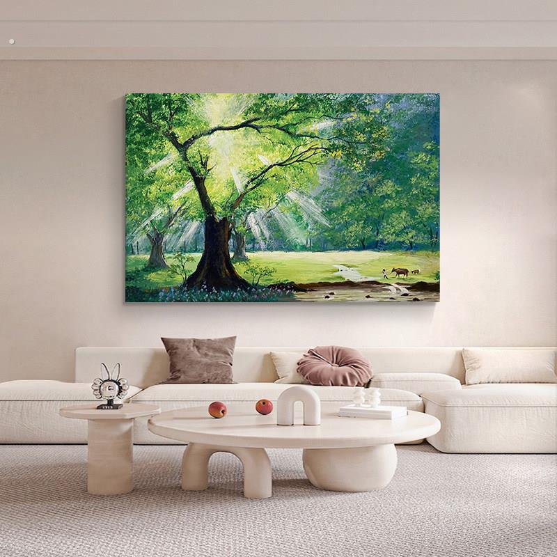 丁达尔效应手绘油画客厅绿色森林风景装饰画玄关抽象大幅树木挂画