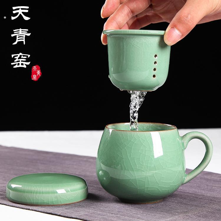 天青窑 龙泉青瓷哥窑冰裂漏斗滤茶泡茶杯 嘟嘟杯 陶瓷礼品杯雕刻