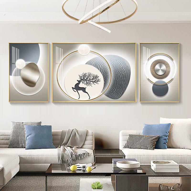 轻奢客厅装饰画三联抽象大气麋鹿高端挂画现代简约沙发背景墙壁画