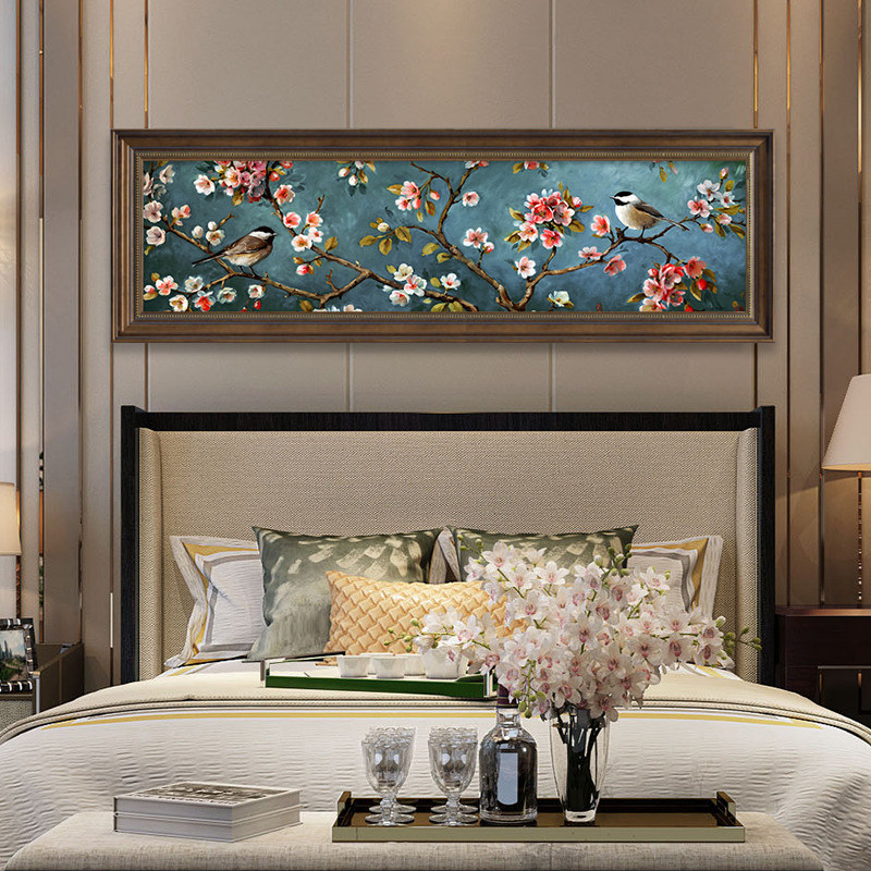 卧室床头装饰画横版美式挂画客厅背景墙温馨房间壁画花鸟欧式油画