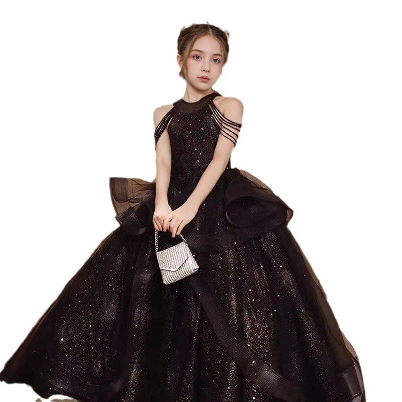女大童大码黑色礼服公主裙婚纱裙生日蓬蓬纱花童主持人钢琴演出服