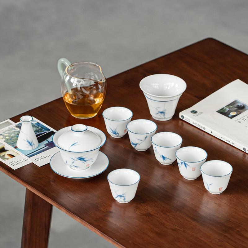 兴永达 手绘甜白釉盖碗套组玉瓷薄胎兰竹三才杯茶碗茶杯套装茶具