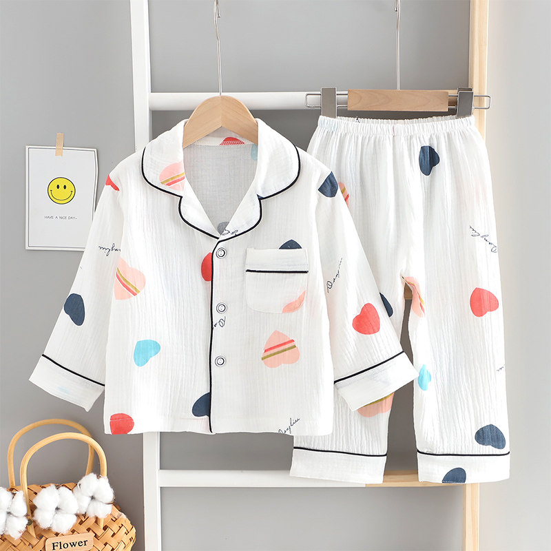 春夏儿童睡衣薄款长袖双层纯棉纱布套装男童女童空调服卡通家居服