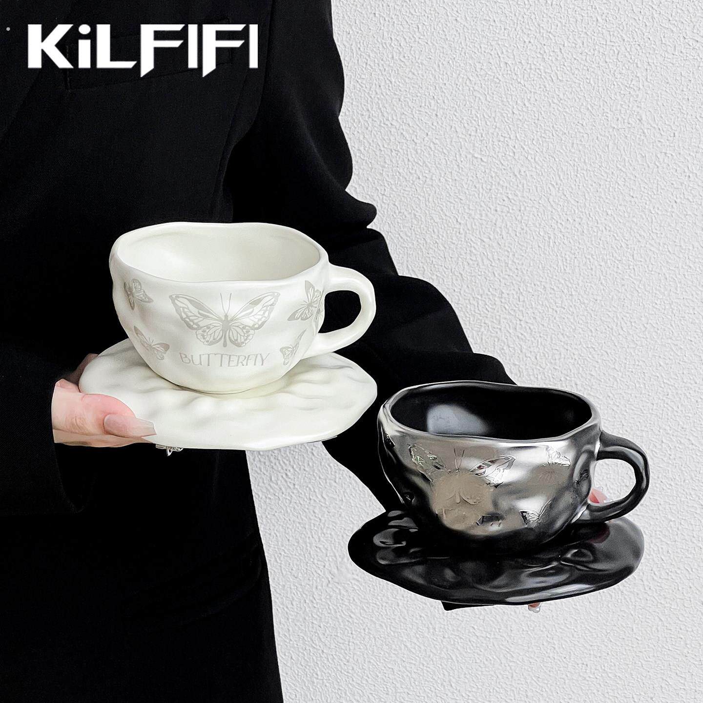 小众镀钛陶瓷咖啡杯设计感高颜值蝴蝶下午茶杯碟套装高级感马克杯
