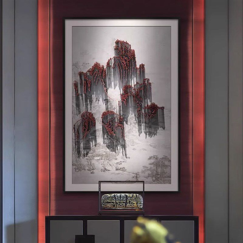 新中式玄关客厅背景风景装饰画别墅酒店手工实物立体钉子竖版挂画
