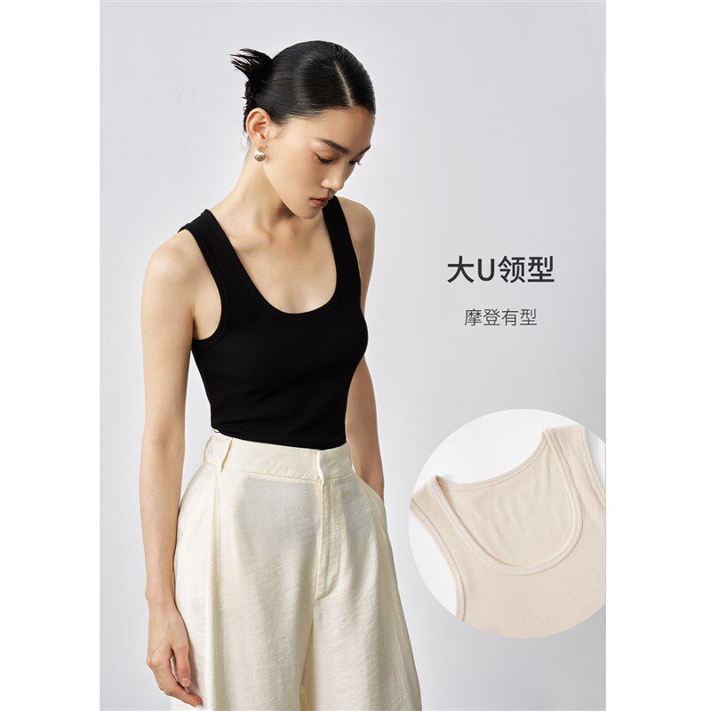 TINGE贴己黑色吊带背心女2024新款基础方领棉质修身针织外穿上衣