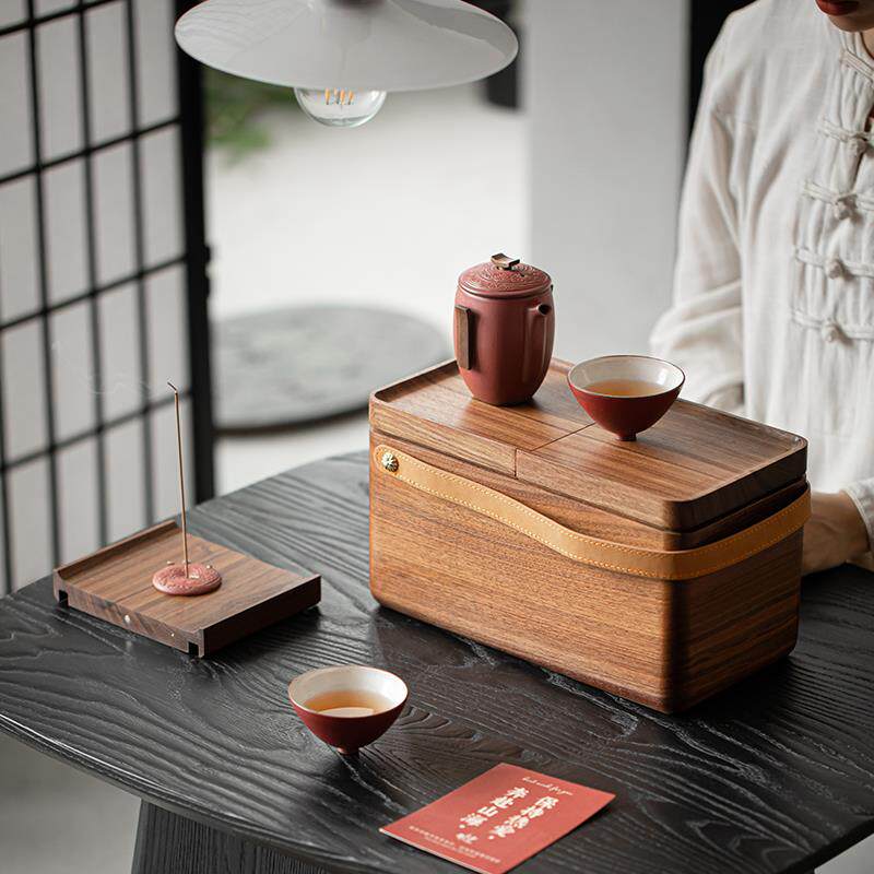 新中式胡桃木户外旅行茶具收纳包便携式车载茶壶茶杯收纳盒收纳袋