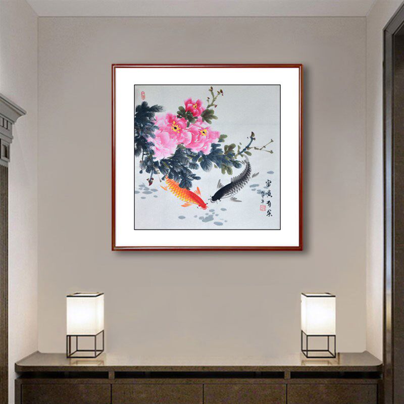 国画纯手工花鸟画精品玄关挂画斗方装饰画餐厅挂画房间书房鱼小鸟