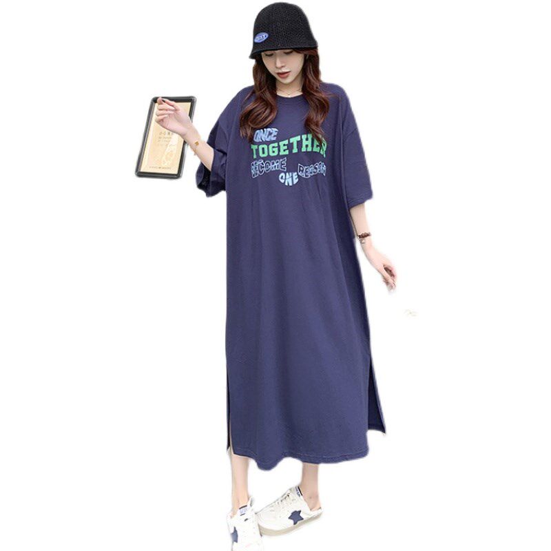 200斤胖mm长款到脚踝宽松过膝T恤连衣裙女纯棉休闲遮肚超大码裙夏
