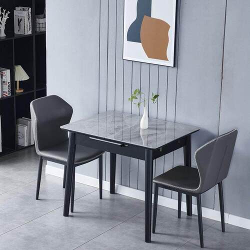 意式亮面岩板餐桌可伸缩家用小户型现代简约轻奢长方形餐桌椅