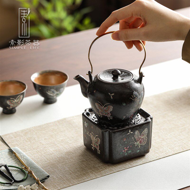 新款志野黑釉陶瓷煮茶炉描银蝴蝶彩绘提梁壶茶具套装侧把壶温茶炉
