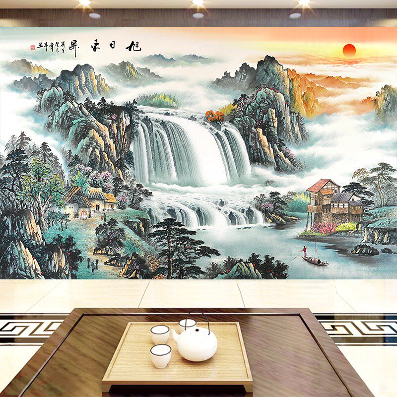 旭日东升3d立体电视背景墙壁画8d中式山水国画5d客厅沙发影视墙布