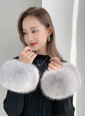 袖口毛圈冬季毛毛袖套腕仿獭兔毛貉皮草护腕毛绒狐狸毛手环衣袖口