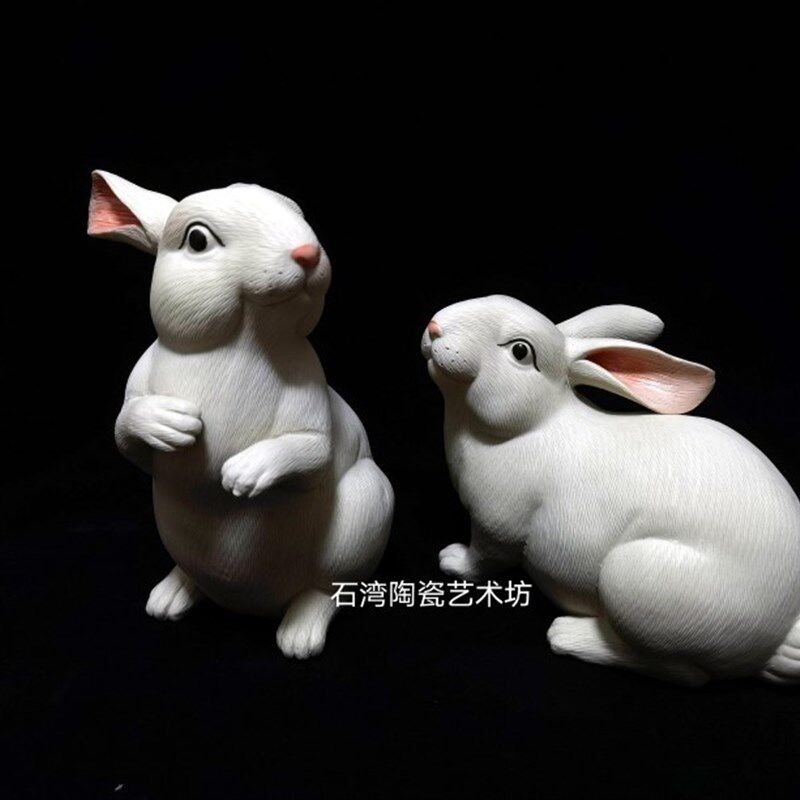石湾陶瓷生肖白玉兔子精品摆件家居门厅玄关博古架摆设动物仿真兔