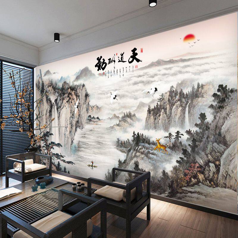 3d新中式电视背景竹木纤维集成墙板水墨山水国画客厅办公室护墙板